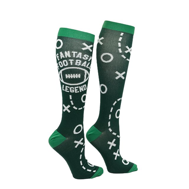 Fantasy Football Legend Funny Compression Socks for Men featuring a green base with white football play designs, including 'Fantasy Football Legend' text and a football graphic. The socks have green cuffs, heels, and toes, offering a playful and sporty look.