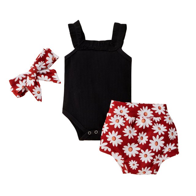 Casual Sleeveless Square Collar Ribbed Romper + Daisy Print Shorts + Headband