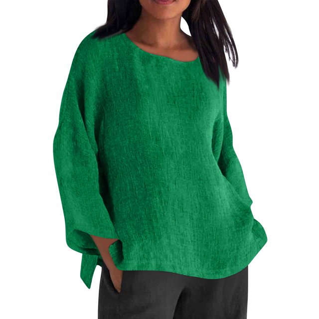 Tnhcen Chemise Décontractée pour Femme en Mélange Coton-Lin d'Automne à Col Rond, Manches 3/4 - Grande Taille, Hauts d'Automne Confortables P-5TG