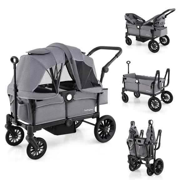 Gymax Poussette-Wagon pour 2 Enfants, Poussette Double à Pousser et Tirer avec Poignée Réglable, Gris