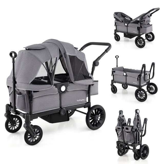 Gymax Poussette-Wagon pour 2 Enfants, Poussette Double à Pousser et Tirer avec Poignée Réglable, Gris