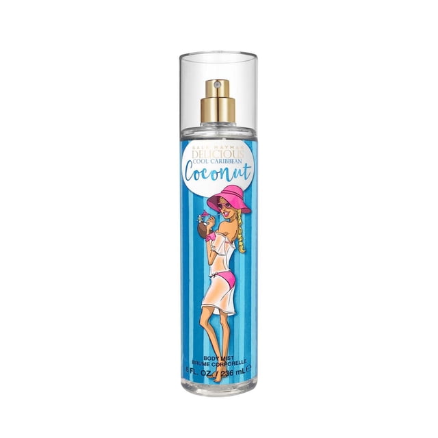 Delicious Coconut Body Mist in a clear 8 fl oz (236 ml) spray bottle with gold nozzle and transparent cap, featuring a blue striped label with an illustration of a woman in a pink hat and white dress holding a coconut drink, offering a refreshing Caribbean-inspired fragrance.