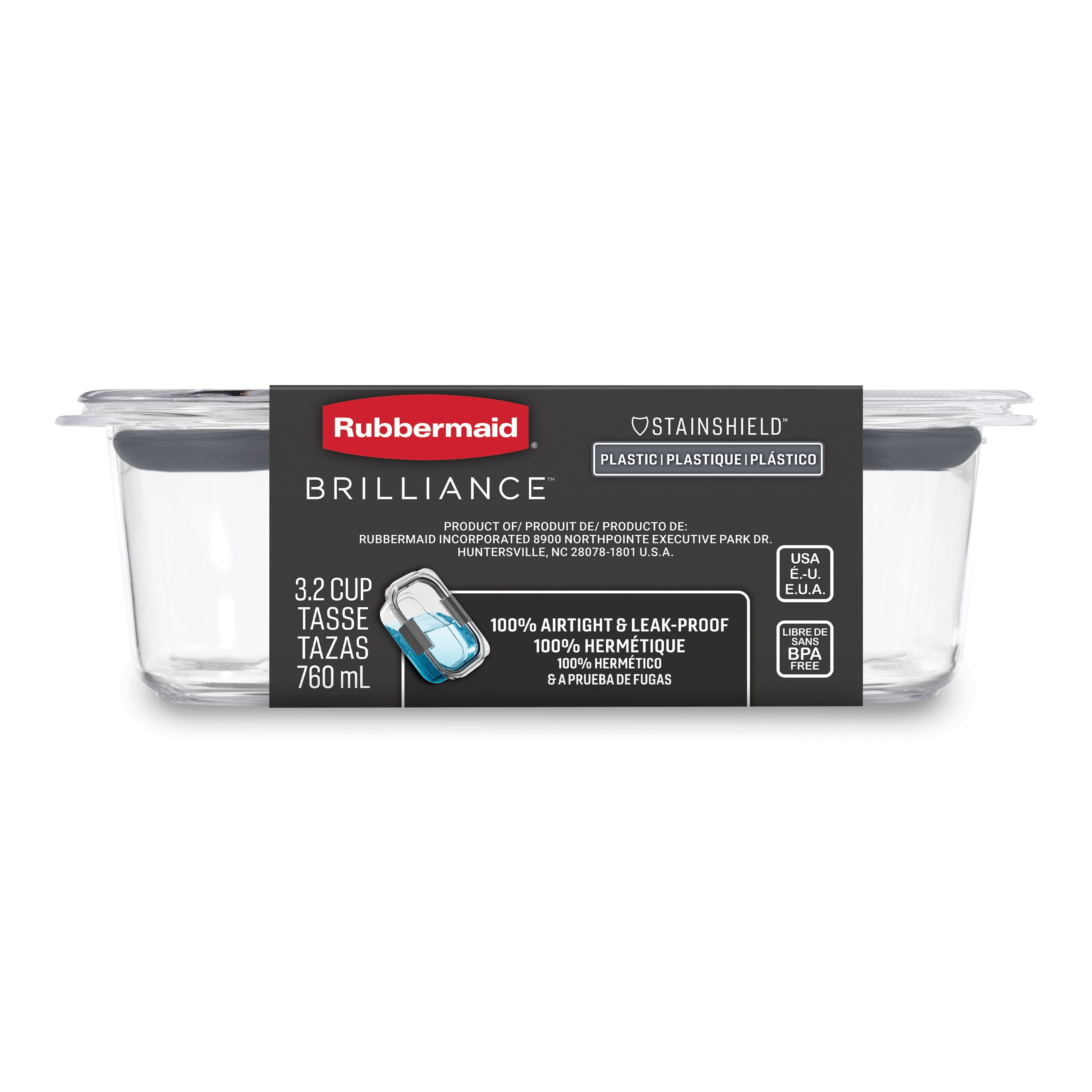 Récipient d’entreposage pour aliments en plastique Rubbermaid Brilliance, 3,2 tasses (760 ml), paquet de 1