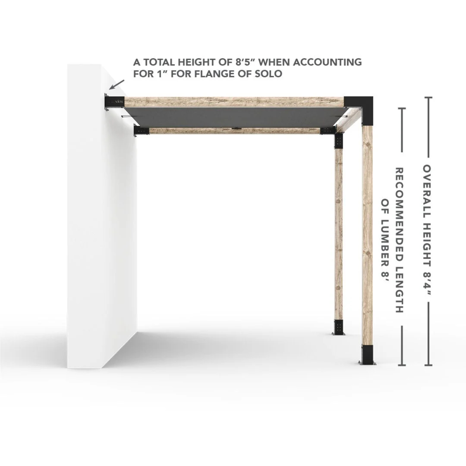 Kit de pergola murale Toja 8'x8' avec voile d’ombre en graphite pour poteaux en bois 4x4