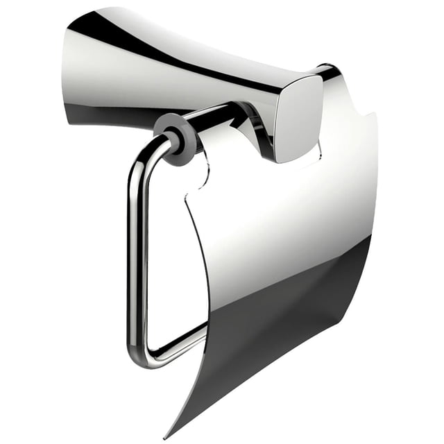 American Imaginations 5.67-in. W rectangle stainless steel toilet paper roll holder in chrome color, featuring a wall-mounted rectangular base, curved arm, and smooth protective cover, suitable for bathroom hardware and easy DIY installation.