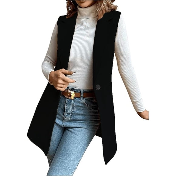 ManxiVoo Womens Notched Lapel Wool Blend Vest Casual One Button Sleeveless Western Style Jacket M Size Black