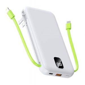 Chargeur portable avec câbles intégrés & AC Connecteur mural 10000mAh Charge rapide de la banque d'électricité USB C pour iPhone Samsung Android téléphone batterie externe Pack Voyage doit avoir des accessoires (blanc)