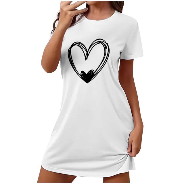 Amzcrzy Pyjamas pour Femmes Mode Imprimé Cœur Robe Valentines Day Décontractée Confortable Manches Courtes Chemises de Nuit pour Femmes Cadeaux Valentines Day