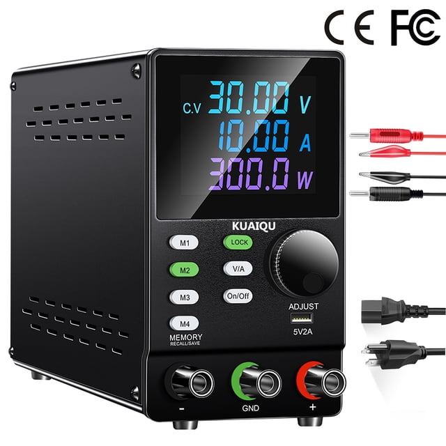 Kuaiqu 30V 10A DC Power Supply Variable Bench Power Supply, Colour 4-Digit LCD Display,Encoder Knob and Output Switch Model SPPS3010D, 1 Pack, 9.4" x 3.3" x 5.9"