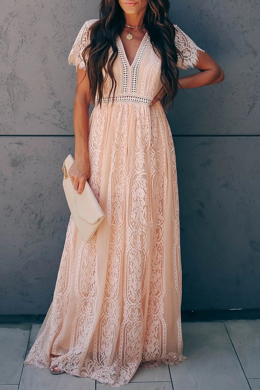 Women's Pink Fill Your Heart Lace Maxi Dress