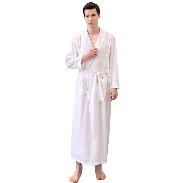 LNWUY Men's Long Sleeve Waffle Robe Quick Dry Soft Comfortable Loose Long Bathrobe Kimono Nightgown Home Lounge Pajama Robe White XXL