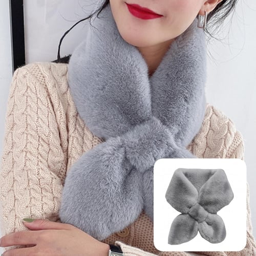 Women Scarf Solid Color Cross Soft Cozy Thick Keep Warm Faux Rex Rabbit Fur Lightweight Neck Wrap for Banquet. This grey scarf is crafted from faux rex rabbit fur, offering a soft and warm texture. Measuring 75cm by 12cm, it is lightweight and ideal for winter wear. Perfect for outdoor activities like skiing and skating, as well as formal events or casual use.