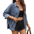 thumbnail image 3 of Womens Oversized Denim Shirt Jacket Button Down Long Sleeve Fall Casual Jean Shackets Blue XL, 3 of 8