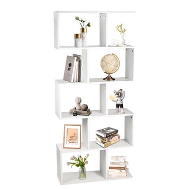 5-Tier Geometric Bookcase, Wooden S-Shaped Book Shelves Unit with Anti-collapse Device Design, Decorative Storage Display Stand Shelf for Home Office, White
