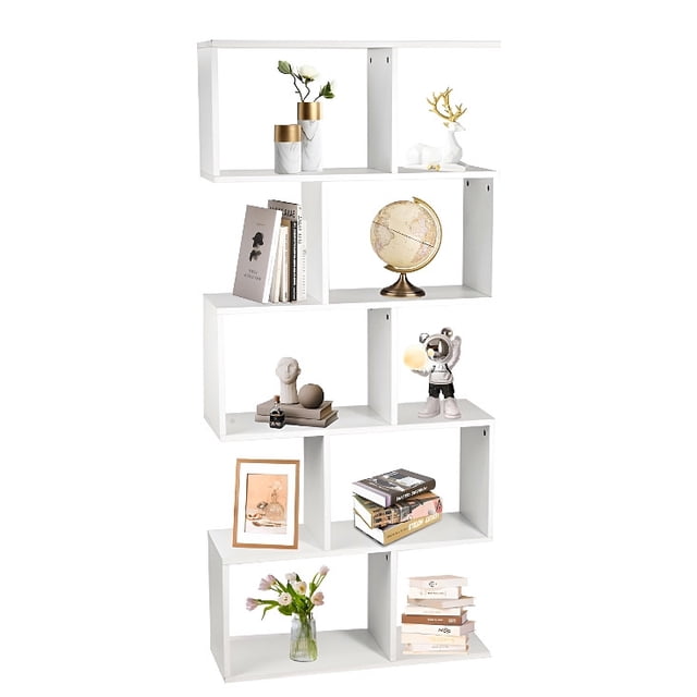 5-Tier Geometric Bookcase in white with an S-shaped design, featuring five wooden shelves for storage and display. The bookcase is shown holding books, decorative items, and plants, highlighting its multifunctional use. Made of scratch-resistant and waterproof wood, each shelf supports up to 10kg (22lbs). Includes an anti-collapse device for safety, suitable for living rooms, bedrooms, or offices.