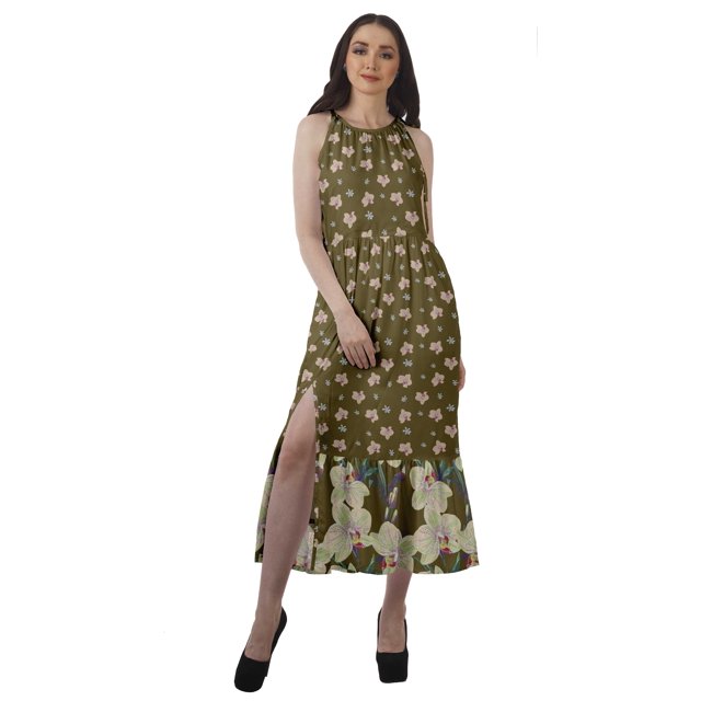 Moomaya Robe Imprimée Femme Fête Mariage Tenue de Fête Col Licou Robe Maxi en Rayonne