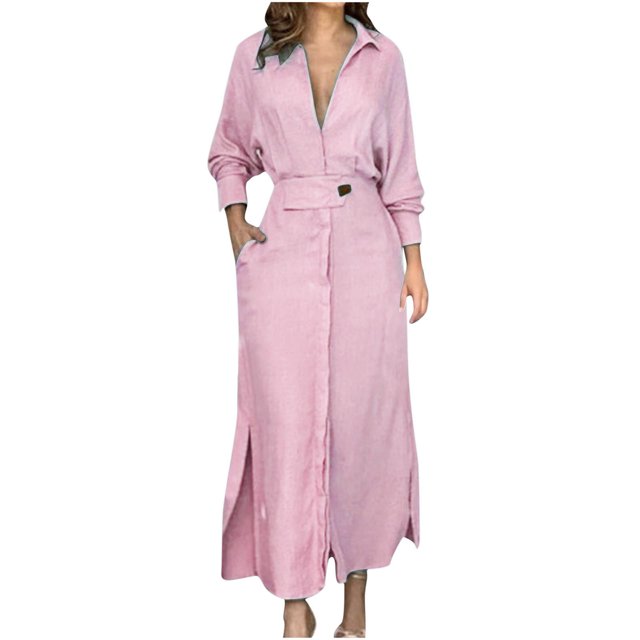 AherBiu Robe de Bureau Décontractée pour Femmes à Manches Longues, Col à Revers, Col en V, Froncée, Ligne A, Grande, avec Poches