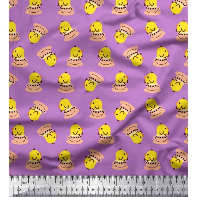 Soimoi Poly Georgette Fabric Cup,Plate & Chick Cartoon Printed Craft Fabric by the Yard 52 Inch Wide