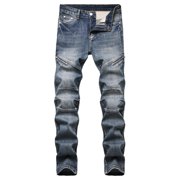 EGNMCR Jeans for Men, Men's Elastic Waist Loose Fit Denim Pants, Mens Pull On Jeans Men's High-end Multi-pocket Zipper Decoration Trendy Slim Jeans Men Pants