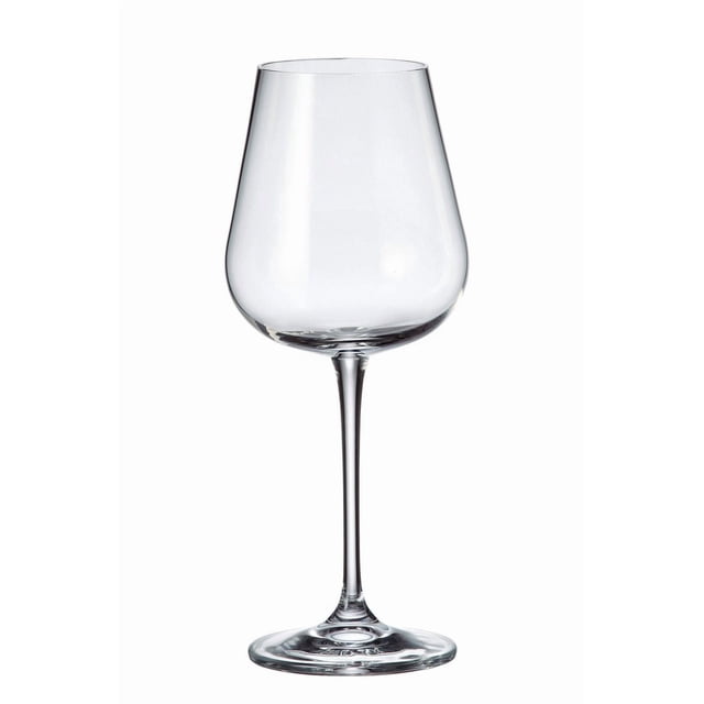 Crystalite Bohemia Amundsen Universal Glass, a clear 450 mL lead-free crystal wine glass with a wide bowl, slender stem, and flat base, suitable for various wines and often used for elegant social occasions.