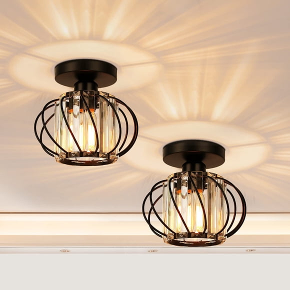Frideko Home 2 Pack Semi Flush Mount Ceiling Light Fixture, 7.5" Metal Cage Crystal Chandelier, Industrial Ceiling Lamps E26/E27 Base for Entryway Bedroom Porch Kitchen (Bulb not included)