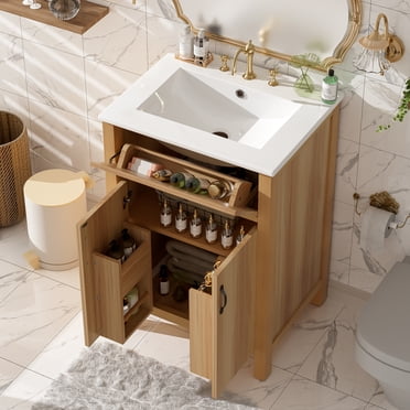 MODERNLUXE Meuble-Lavabo de Salle de Bain 24 Pouces avec Ensemble Combo Lavabo, Armoire de Rangement de Salle de Bain à Cadre en Bois Massif avec 1 Tiroir Basculant, Tablette Ajustable et 2 Portes à Fermeture en Douceur avec Organisateur, Naturel