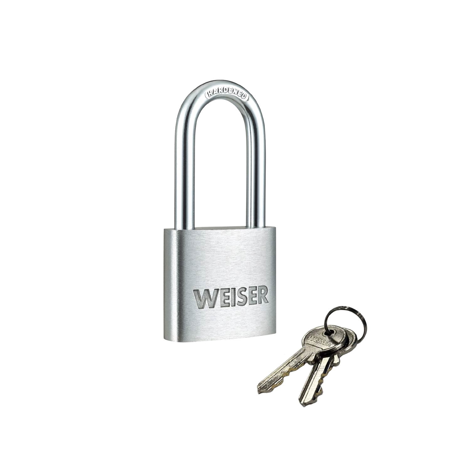 Cadenas Weiser en aluminium avec clé et anse en acier trempé, pour usage intérieur et extérieur, idéal pour le rangement. Corps de 40 mm (1-9/16 po), anse de 22 mm (7/8 po).