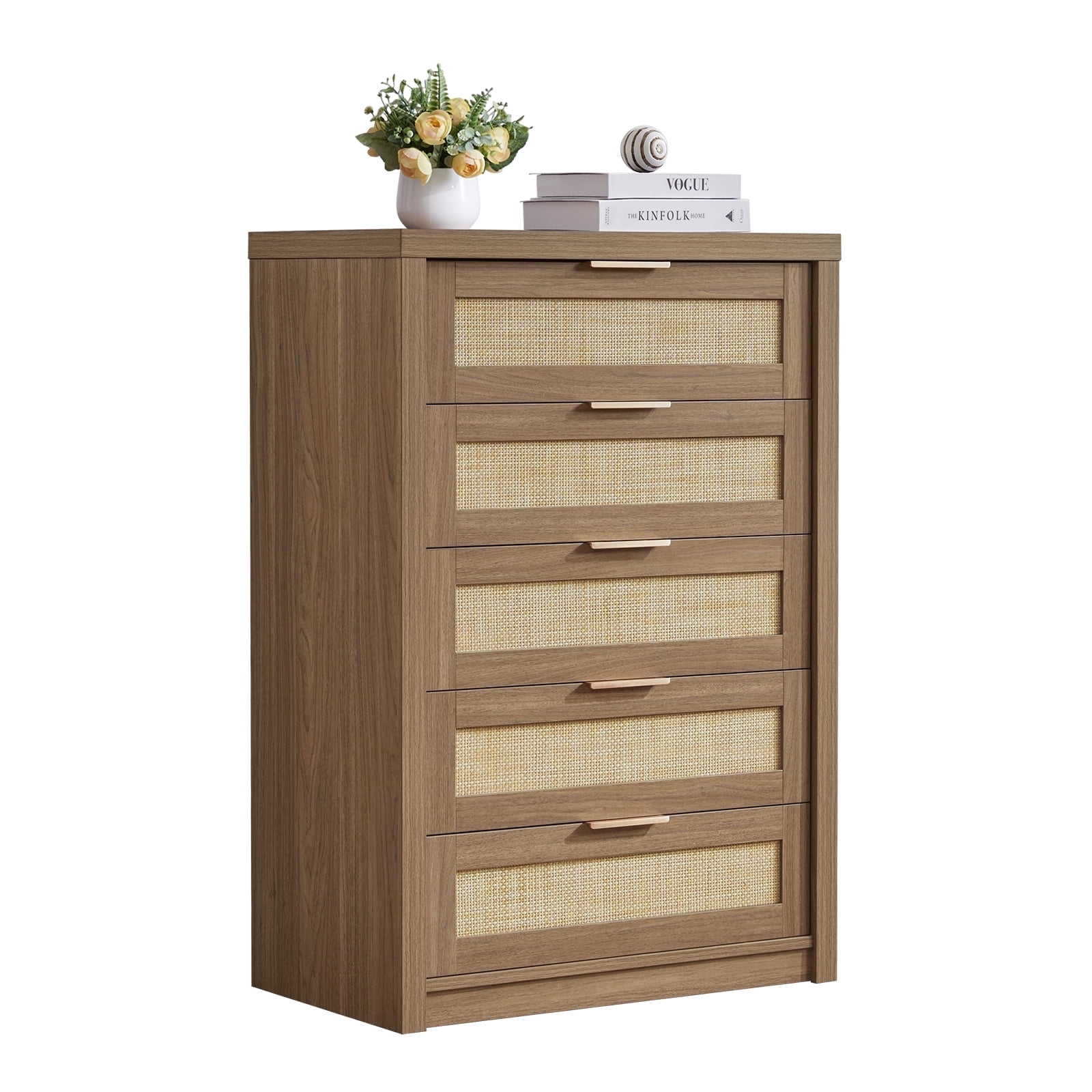 OAKHAM Commode 5 Tiroirs, Grand Commode en Rotin pour Chambre à Coucher Salon, Noyer Spécial