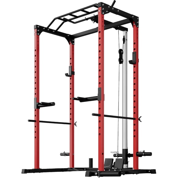 GARVEE Cage de Support d'Entraînement, Support de Poids 1200 Lb avec LAT Rétractable et Rangée Basse, Support Multi‐fonction pour Squats avec Accessoire d'Entraînement Supplémentaire