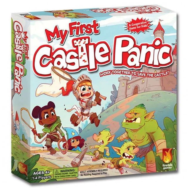 Fireside Games Ma Première Boîte de Jeu de Panique Château avec des Oeuvres Colorées d'Enfants Déguisés en Chevaliers et archers Défendant un Château contre des Gobelins. le Texte Met en Valeur « Travaillez Ensemble pour Sauver le Château! » Convient aux 4 Ans et Plus, pour 1 à 4 Joueurs.