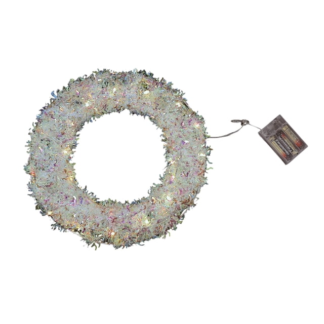 Led Whimsical Wreath with a circular form of iridescent PVC foliage and integrated soft glowing LED lights, connected to a transparent battery pack, suitable as an artificial wreath for holiday décor and seasonal displays.
