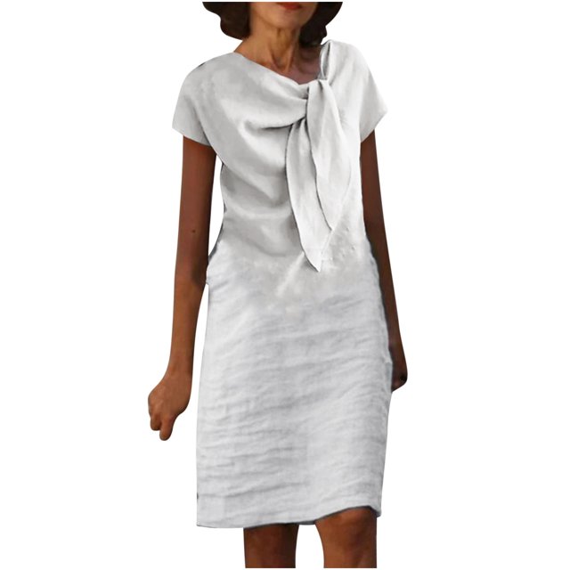 Fshaion Robe d'Été pour Femmes 2024 Grande Taille Col Rond à Nouer Manches Courtes Couleur Robe en Coton Coton Lin Robe Longueur Genou avec Manches Courtes et Col Ras du Cou Liquidation à Moins de 10!