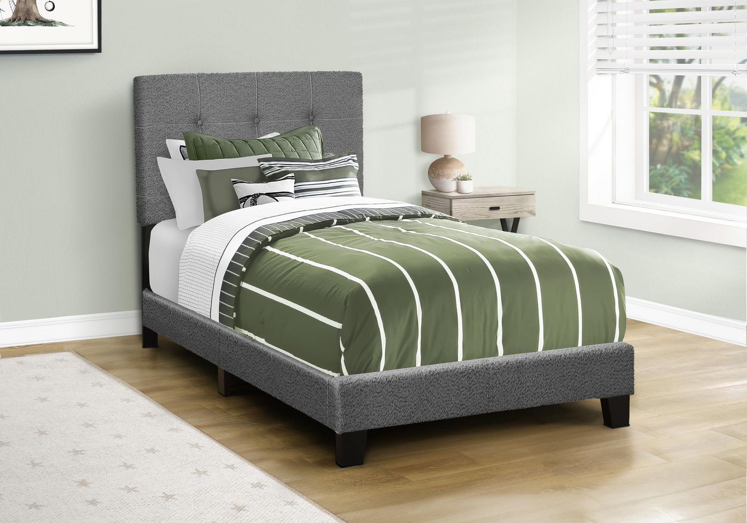 Monarch Specialties Bed, Twin Size, Upholstered, Bedroom, Frame Only, Youth, Teen, Juvenile, Dark Grey Boucle, Transitional