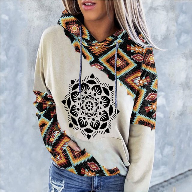 Women Geometric Print Sweatshirt Hooded Stitching Printed Loose Tops Blouse