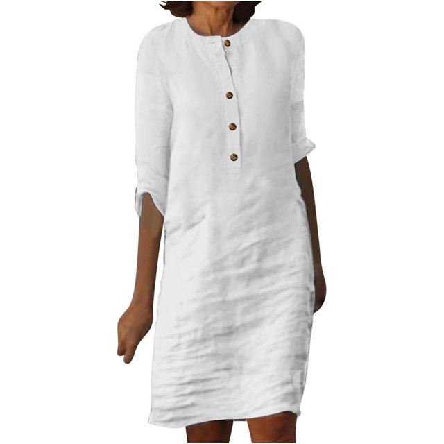 Gspmoly Robes Décontractées pour Femmes, Femmes Manches 3/4 Col Rond Bouton Robe Longueur Genou Robes Formelles pour Femmes Offres Hebdomadaires