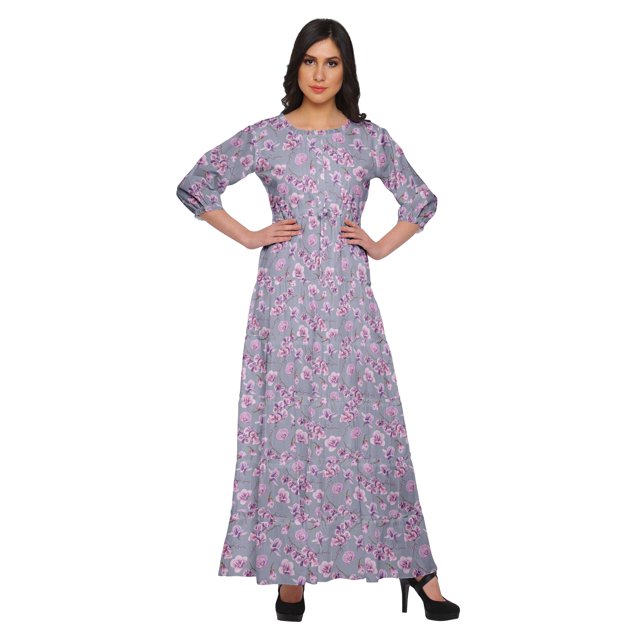 Moomaya Robe Longue Évasée Imprimée pour Femmes Manches 3/4 Col Rond Tenue Décontractée