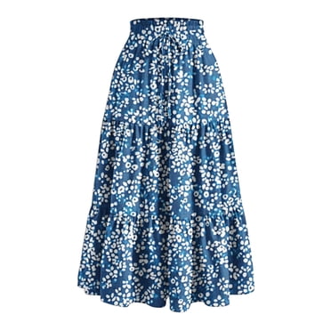 Amzcrzy Skirts for Women Casual Elastic Waist Drawstring Maxi Skirt Trendy Floral Print Long Skirts for Women Pleated Tiered Flowy Summer Skirts