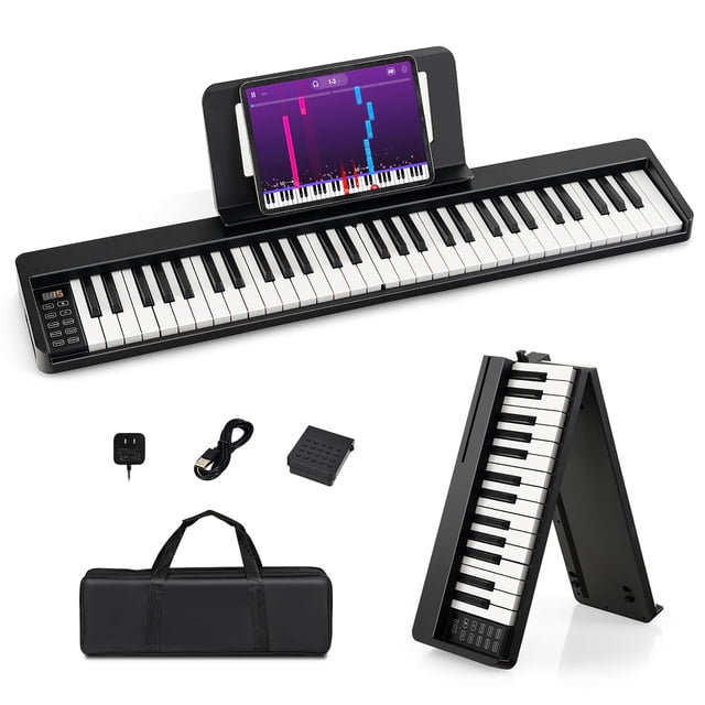 Gymax Clavier de Piano Pliant à 61 Touches, Piano Électrique Portable avec Touches Pleine Grandeur, Illustré en Noir. le Clavier Comprend un Support de Musique Tenant une Tablette, des Connexions Sans Fil Doubles et une Batterie rechargeable Offrant jusqu'à 12 Heures d'Utilisation. les Accessoires Incluent un Sac pour Piano, un Support de Musique, un Adaptateur, une Pédale et un Câble USB. la Conception Pliable Permet un Rangement compact et une Portabilité.