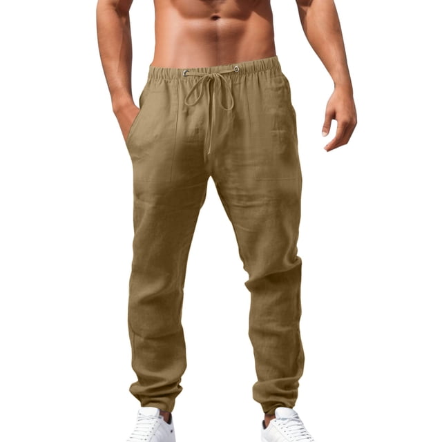 Men's Loose Plus Cotton Linen Summer Breathable Casual Cropped Pants Solid Drawstring Sweatpants Joggers