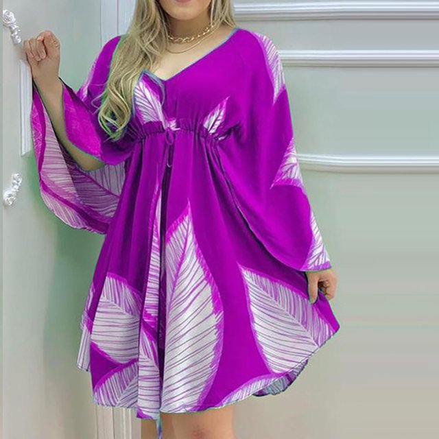 Jusqu'à 65 % de Rabais! Robes d'Été Mode pour Femmes 2024 Grande Taille Tempérament Doux Col en V Manches Bouffantes Couleur Unie Robe Confortable Robe Courte