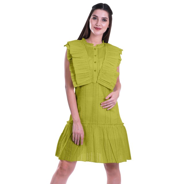 Moomaya Womens Ruffle Sleeve A,Line Schiffli Dress Solid Designer Party Dress