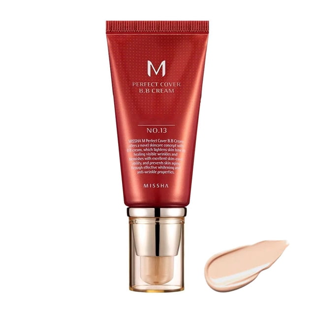 MISSHA M Perfect Cover BB Cream Ex 50ml - No.13 in a red tube with a pump dispenser, paired with a light beige swatch. This BB cream offers medium to high coverage, a natural finish, and skin-loving benefits, suitable for all skin types.