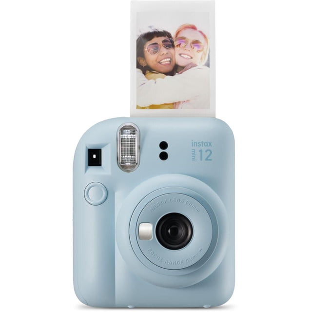 Fujifilm Instax® Mini Instant Camera in pastel blue with bubbly inflatable design, front view showing 60mm lens, flash, and viewfinder, ejecting a credit card-sized instant photo print, suitable for instant film photography and creative snapshots.