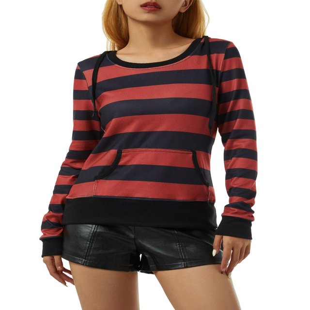 Women Patchwork Hoodie Stripe Pattern Long Sleeve Hooded Pullover