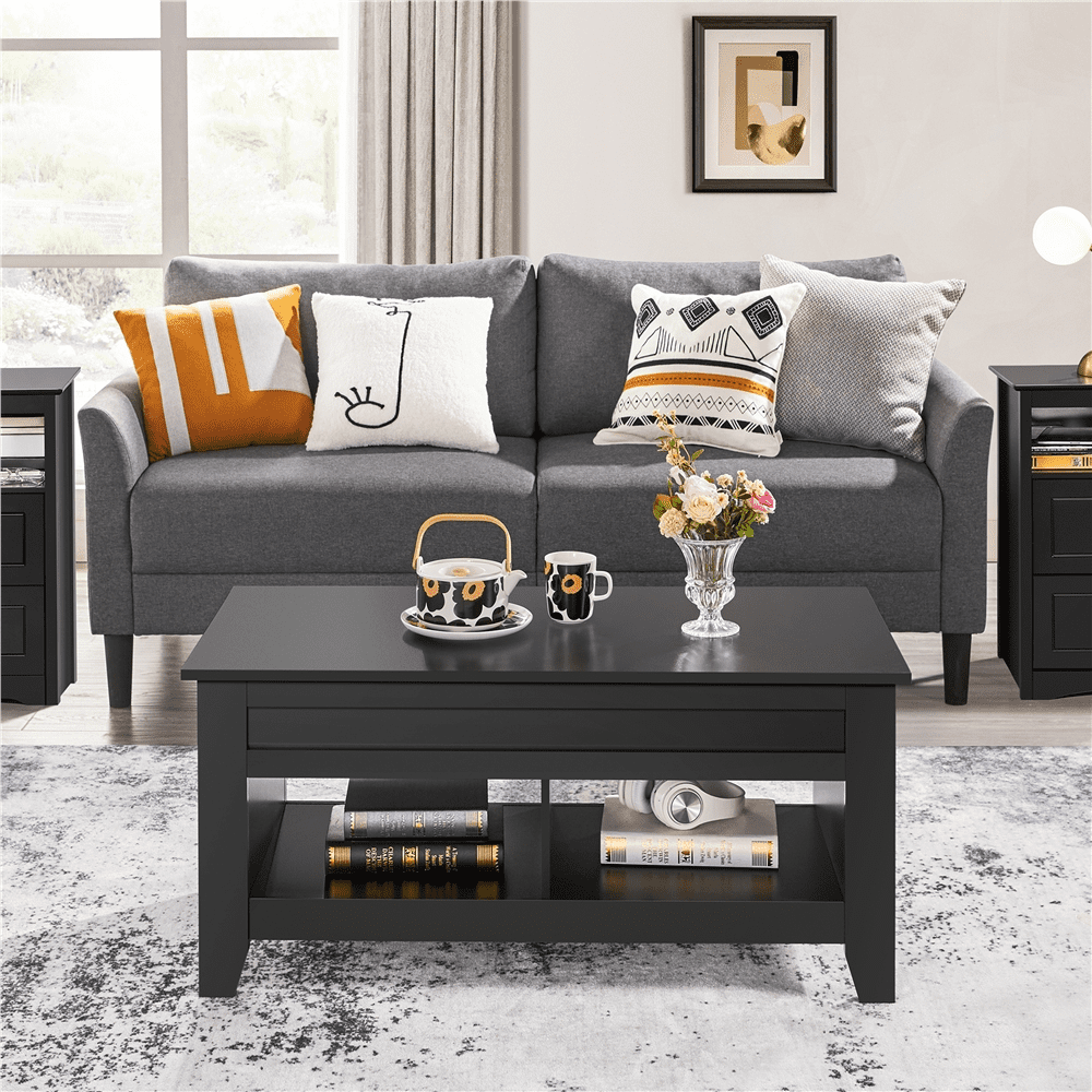 FullFurnique 41" Lift Top Coffee Table with Hidden Compartment & 2 Open Shelves