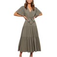 thumbnail image 2 of LOVZFMLL Women Solid Short Sleeve Loose Ruffles Lacing Dress Army Green L, 2 of 5