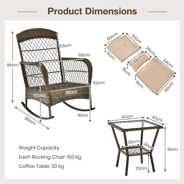 Wicker Patio Rocking Chair Set with Cushions & Pillows – All-Weather High Back Outdoor Rockers –– Ideal for Garden, Balcony, Porch, Poolside – Dark Gray