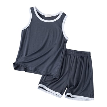 PMVFHDE Tenues pour Garçons Ensemble d'Été pour Enfants Débardeur et Short Ample Garçons et Filles Pyjama Fin Sans Manches Col Rond Vêtements de Maison pour Enfants Gris Foncé, 6-7 Ans