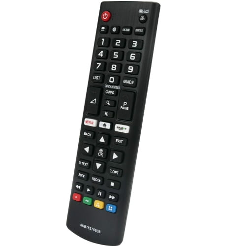 LG AKB75375608 Universal Remote Control LCD, LED, Smart TV Front-facing handheld remote for LG TVs; slim silhouette with LCD panel, rubber button array and IR emitter at top. No programming or pairing required; requires 2×1.5V AAA batteries (not included). Suitable as a spare remote for guest rooms.