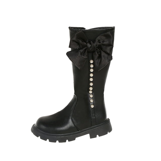 Zwiiyzr 2025 Girls Fall/Winter Boots Bow Knee High Winter Motorcycle Side Zipper Riding Boots Toddler/Little Kid/Big Kid Black